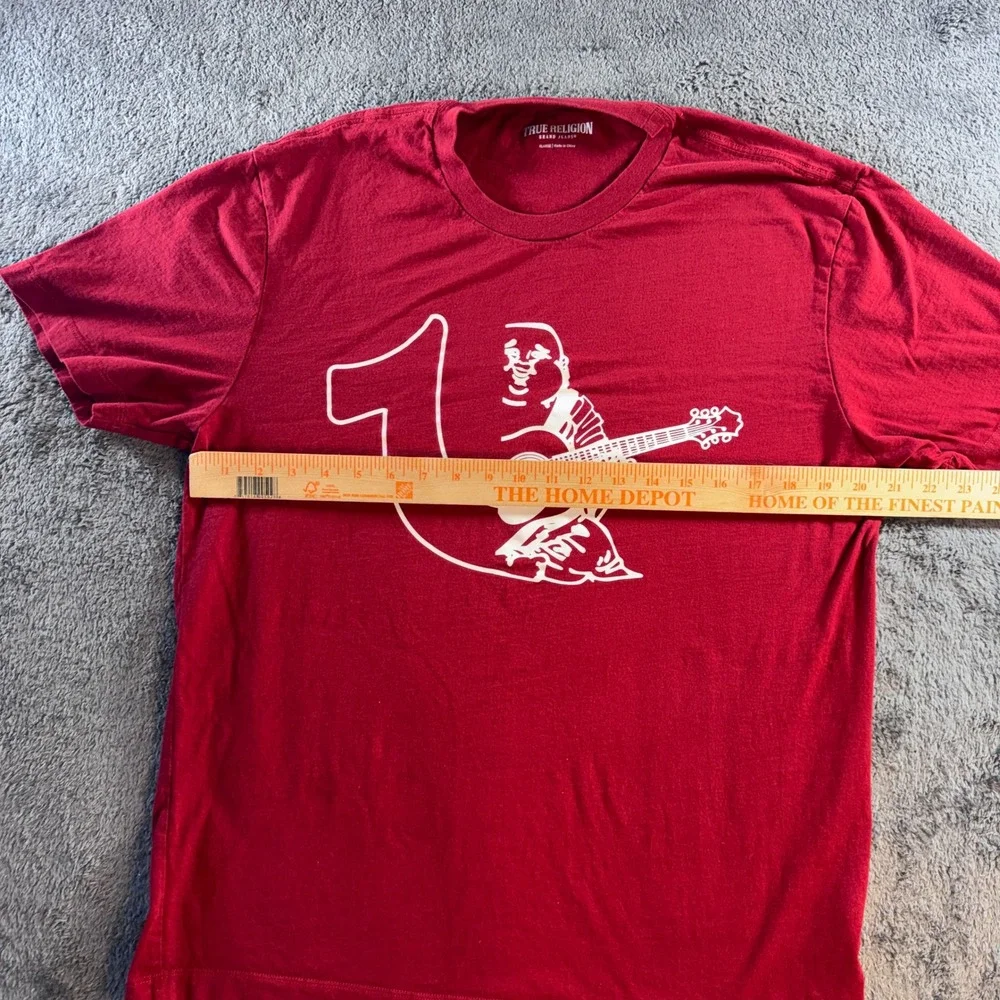 Y2K True Religion Mens Red Buddha Guitar Graphic T-Shirt XL Short Sleeve Cotton